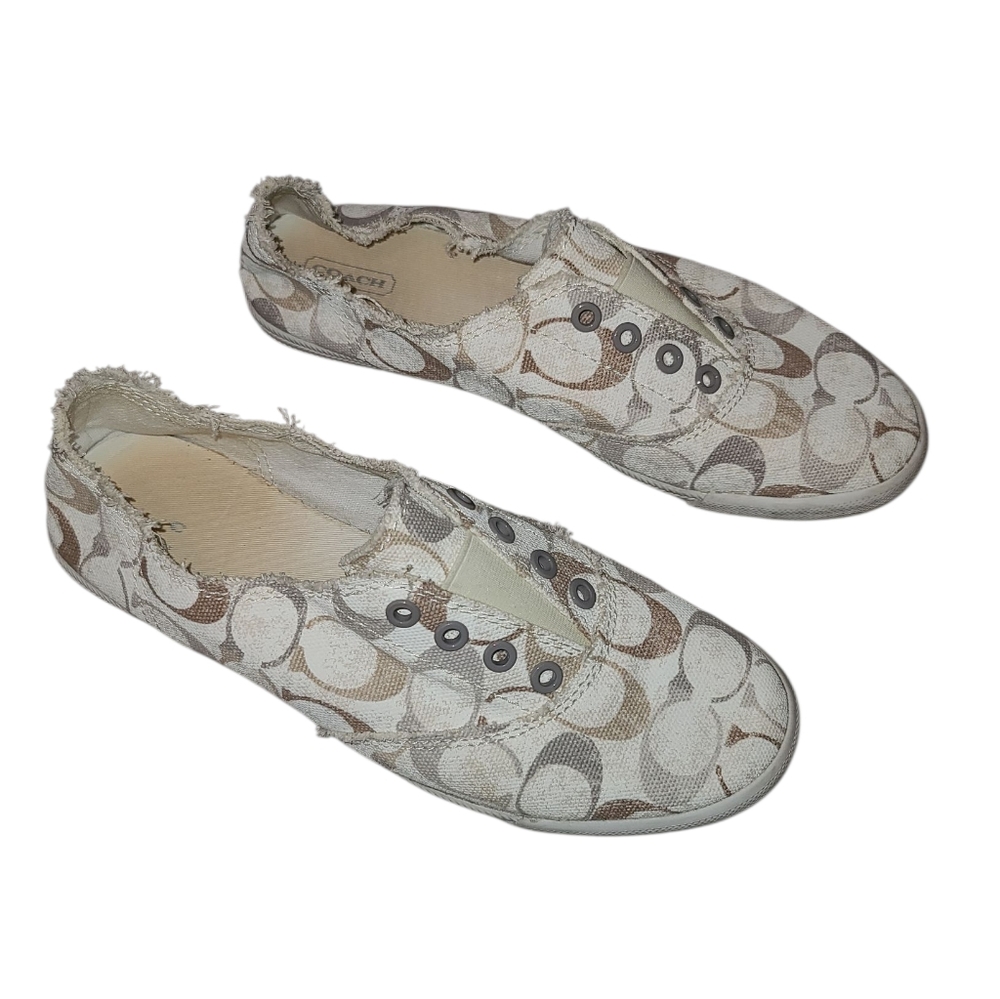 COACH Katie Slip-On Sneakers - Cream and Brown Logo No Lace (Elastic) Size 9.5B - Picture 2 of 14